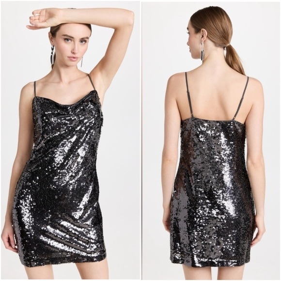 New L’Agence Nyla Sequin Embellished Charcoal Gray Black Mini Dress Cowl Sz 2 - Picture 1 of 13